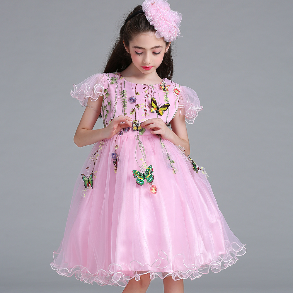 2018春夏新款花仙子蝴蝶印花草儿童裙女甜美飞袖精灵公主连衣裙子