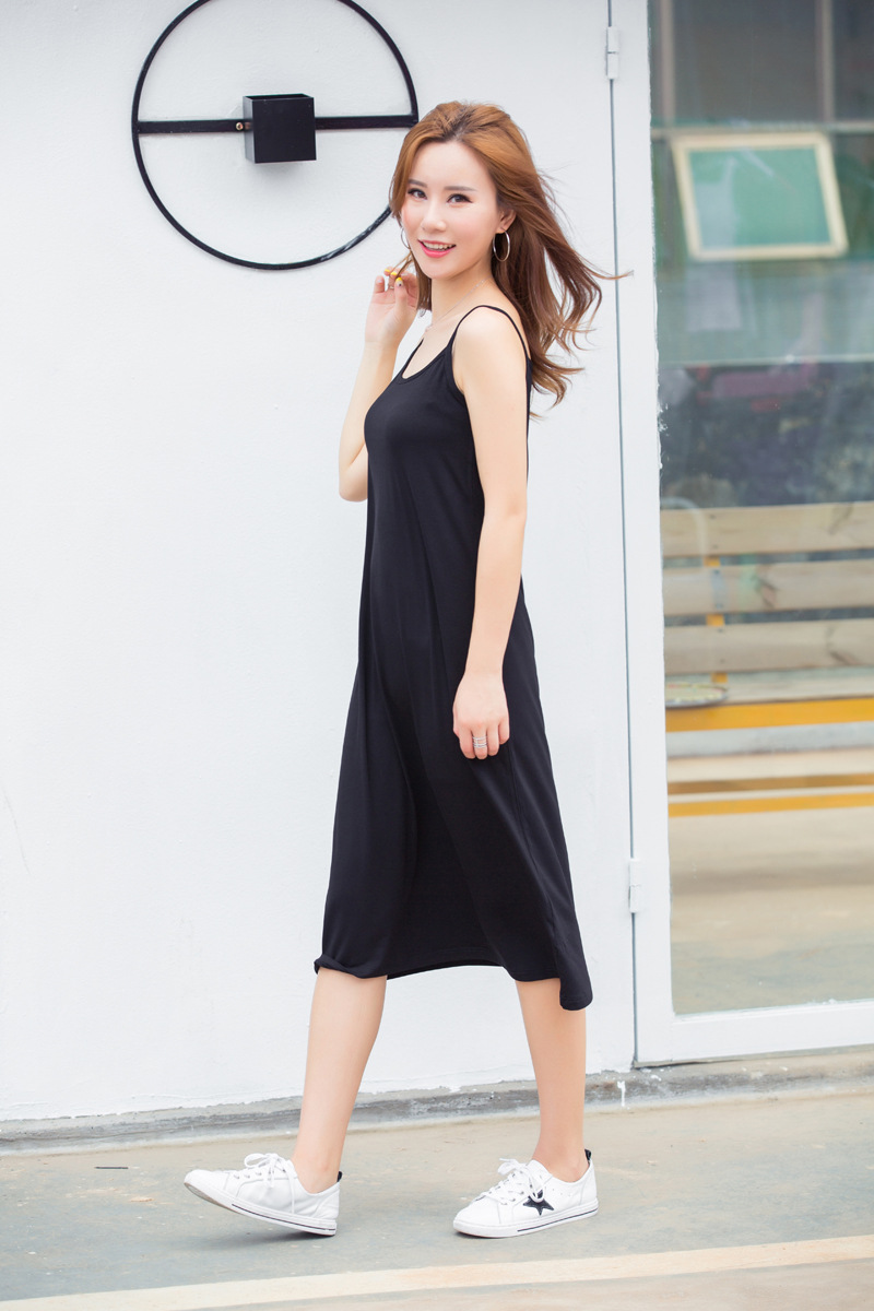 莫代尔中长裙居家裙连衣吊带裙打底裙衬裙宽松圆领1793