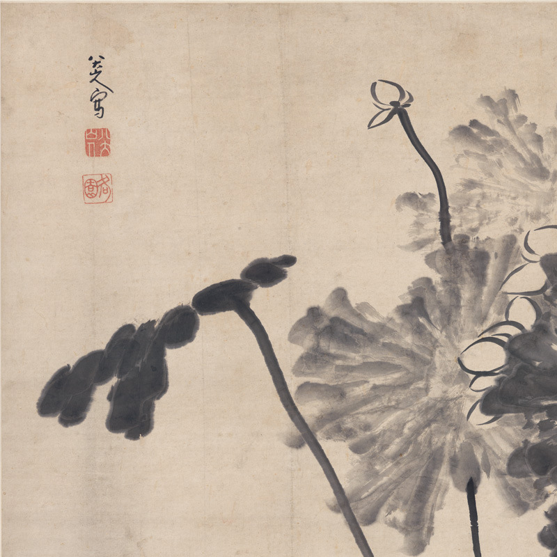 古代字画批发国画仿真复制装裱八大山人荷花水鸟条幅花鸟画装裱