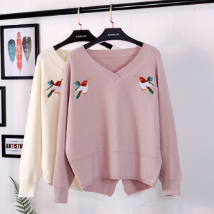 2017秋冬新款韩版v领套头毛衣甜美宽松长袖小鸟刺绣针织衫女打底