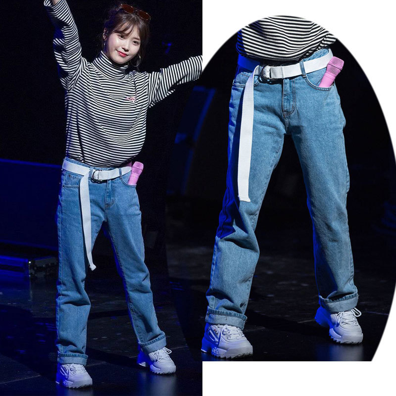 2017秋冬新款李智恩iu韩版宽松阔腿裤浅蓝色女装长牛仔裤 腰带