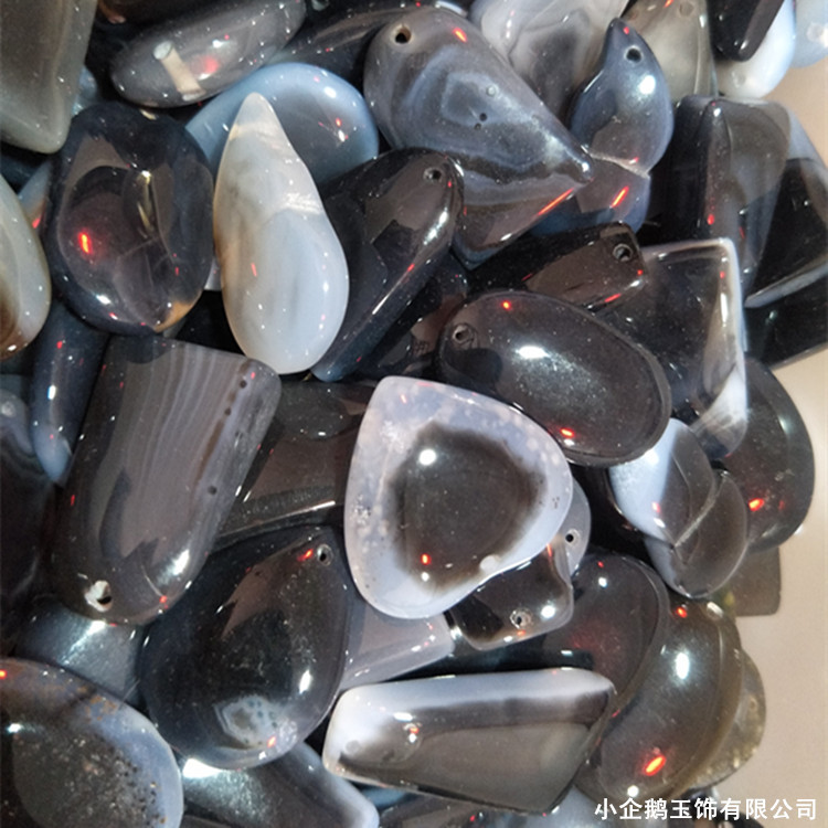 热卖灰黑色混色玛瑙印章小吊坠批发 玉器玉石圆形蛋面小水滴 挂件
