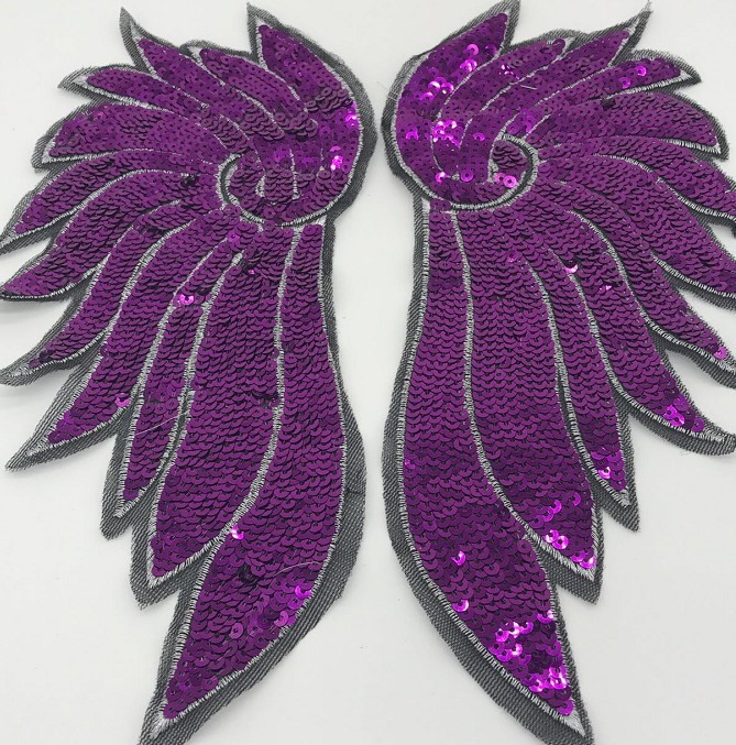 时尚布贴刺绣服装配饰外贸金紫色珠片绣亮片绣大号羽毛翅膀