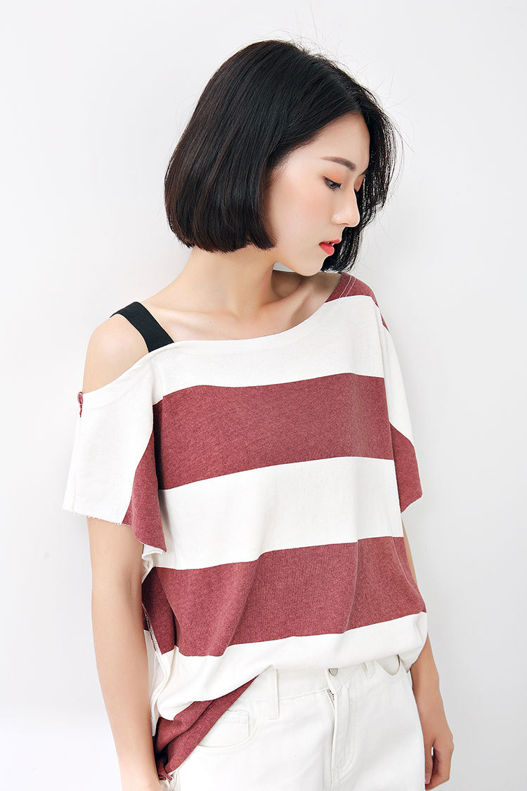 韩版时尚条纹单肩带百搭宽松女式短袖上衣潮 2017夏季新款斜领t恤