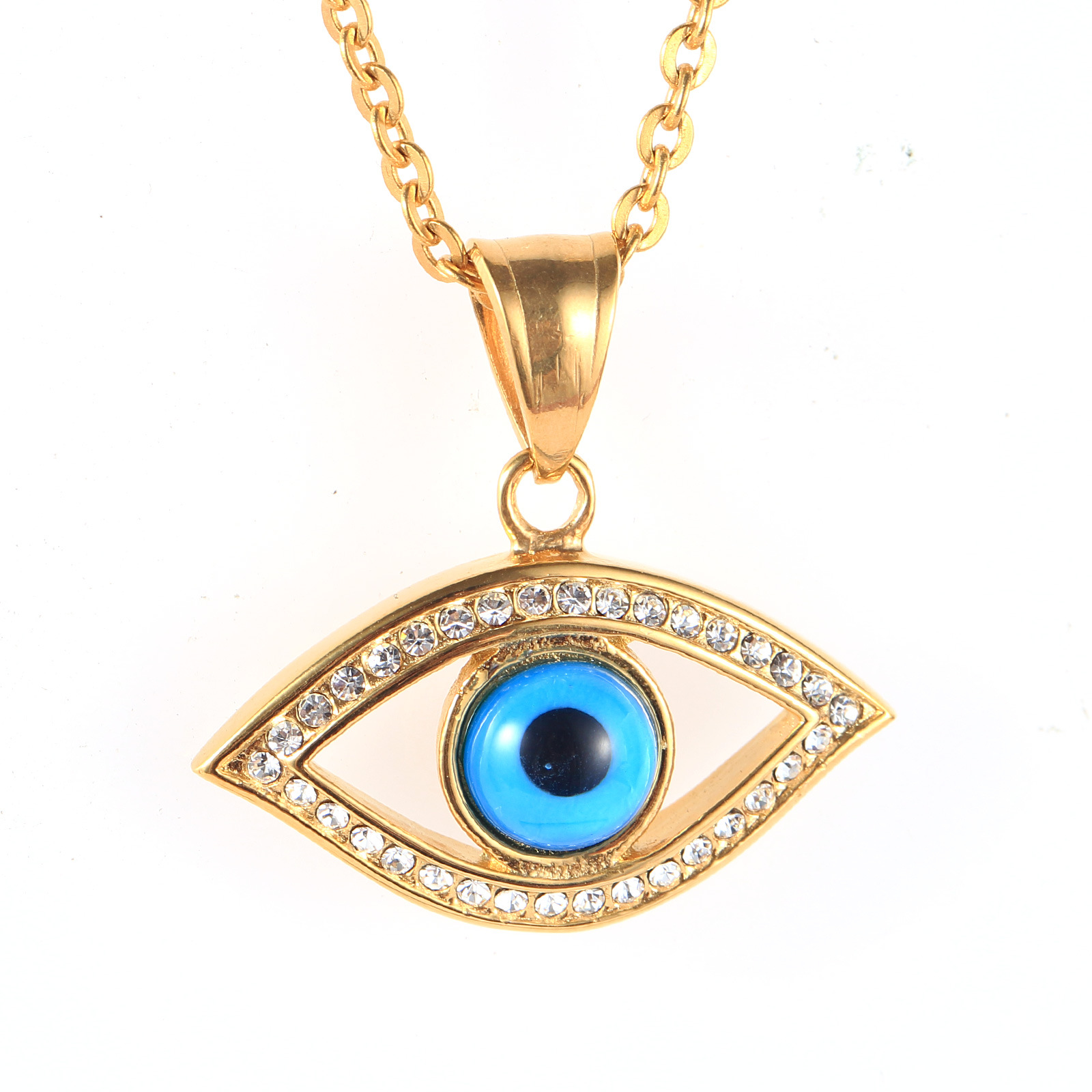 跨境电商不锈钢饰品批发 女士配饰项链 镶钻ins上帝之眼钛钢吊坠