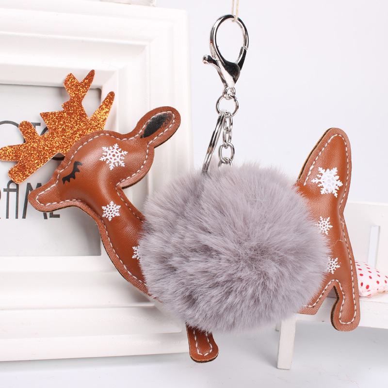 Exquisite Cartoon Christmas Deer Car Key Ring Creative Little Dear Leather Wool-like Fuzzy Ball Pendant Bag Ornaments