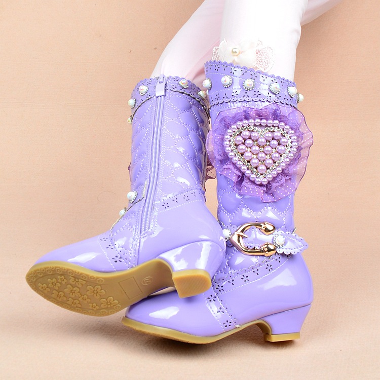 儿童靴子2017秋冬款女童高跟靴女孩公主加绒雪地棉靴韩版高筒长靴