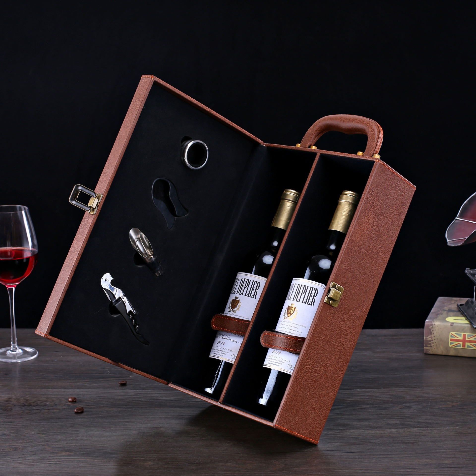 浩远新款s形红酒高档皮质礼盒通用葡萄酒包装盒红酒皮盒定做厂家