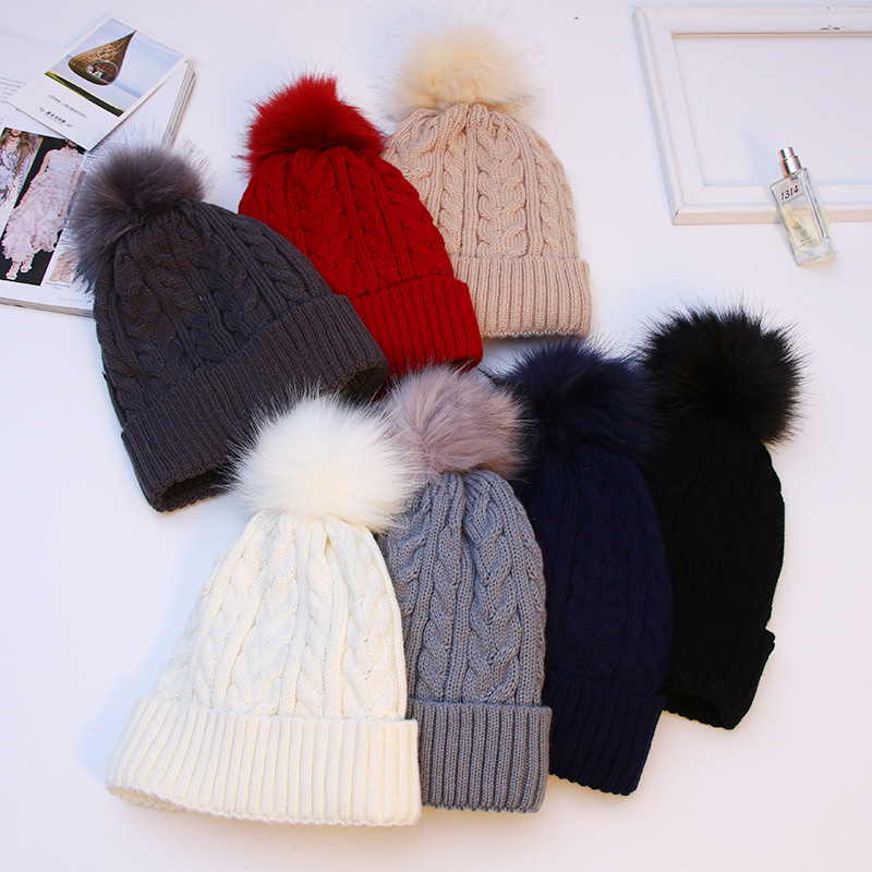 Korean Style Autumn and Winter Fur Ball Thickened Fleece-Lined Woolen Hat Double-Layer Outdoor Twist Hat Women's Student Knitted Hat Wholesale