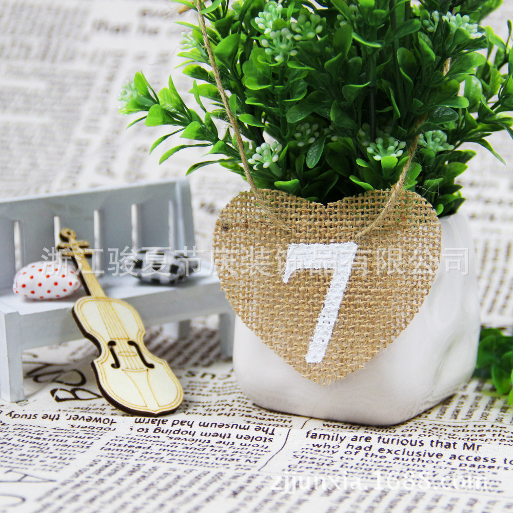婚礼派对麻布爱心数字席位卡1—10 桌卡定制挂卡 table card