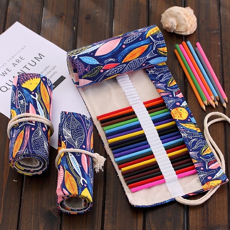 手工多宝鱼彩色笔帘卷卷笔袋36/48/72孔学生帆布画画素描铅笔袋