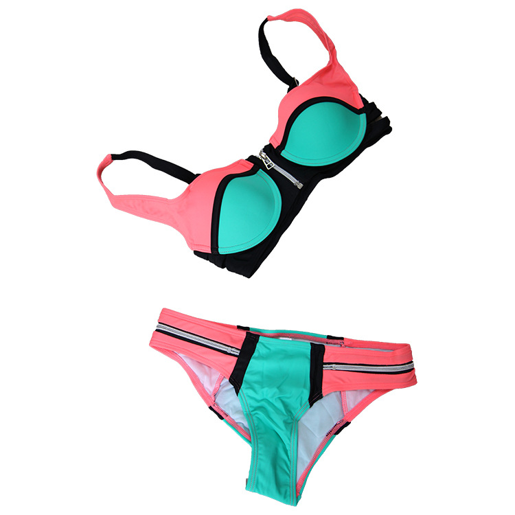 新款女士三角沙滩比基尼拉链性感分体游泳衣钢托聚拢女士泳装批发