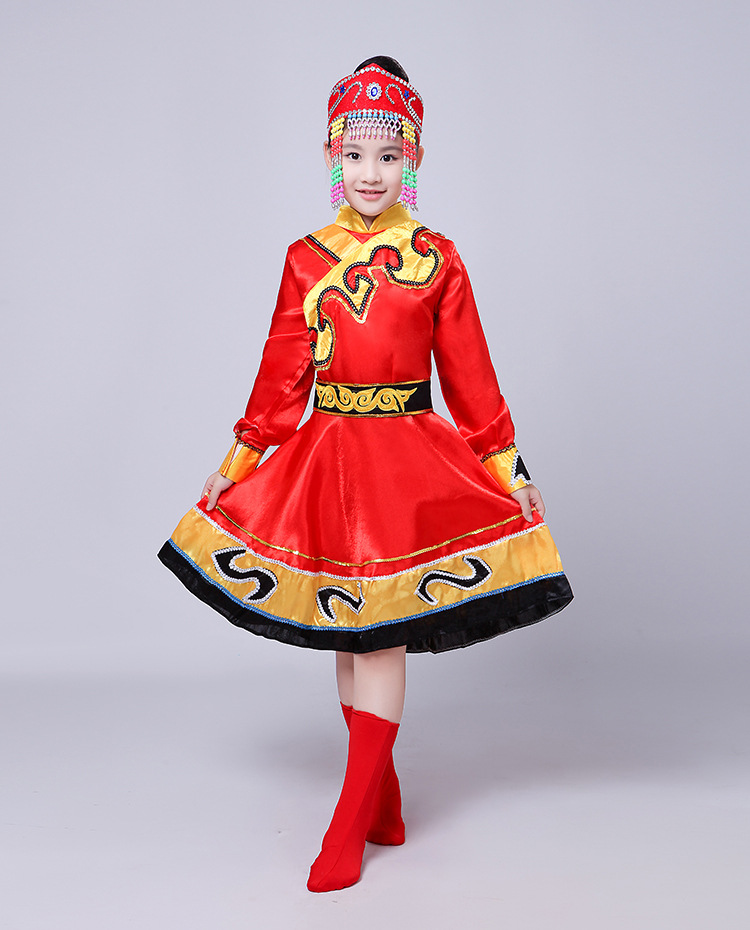 蒙古族服装儿童女孩演出服饰小孩蒙古袍女童款新款蒙古族袍舞蹈服