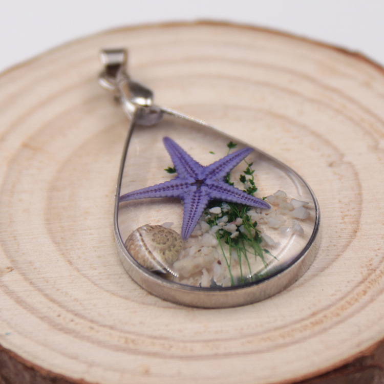 跨境热卖 水滴形金属镶边吊坠 树脂海星标本项饰女项链厂家批发