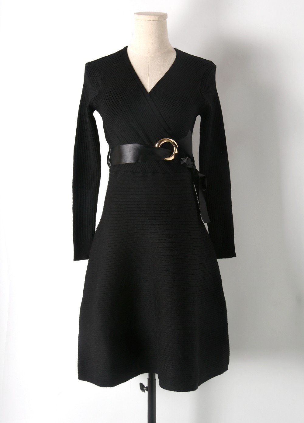 秋冬新款时尚环扣腰带针织毛线收腰连衣裙女纯色打底冬裙女1792