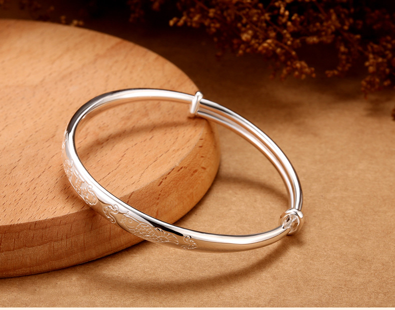 厂家批发银手镯双鱼福字送妈妈女999纯银手镯银饰母亲节礼物