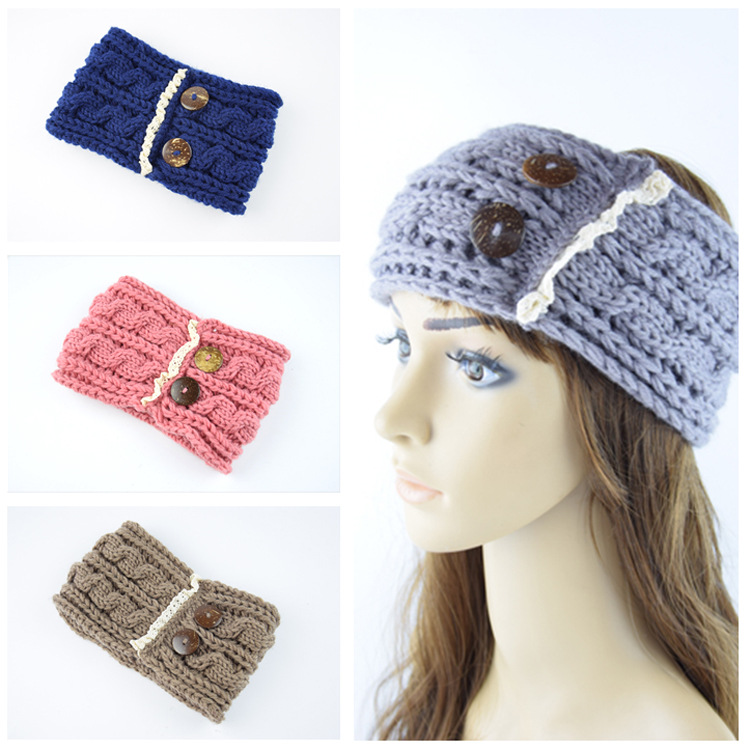 欧美针织双扣花边毛线发带护耳头套手工编织头带时尚保暖秋冬发饰