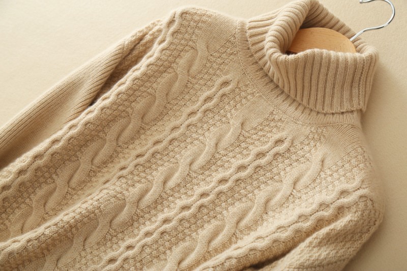 高领麻花加厚羊绒衫绞花开叉针织衫 打底羊毛衫 扭花套头衫毛衣