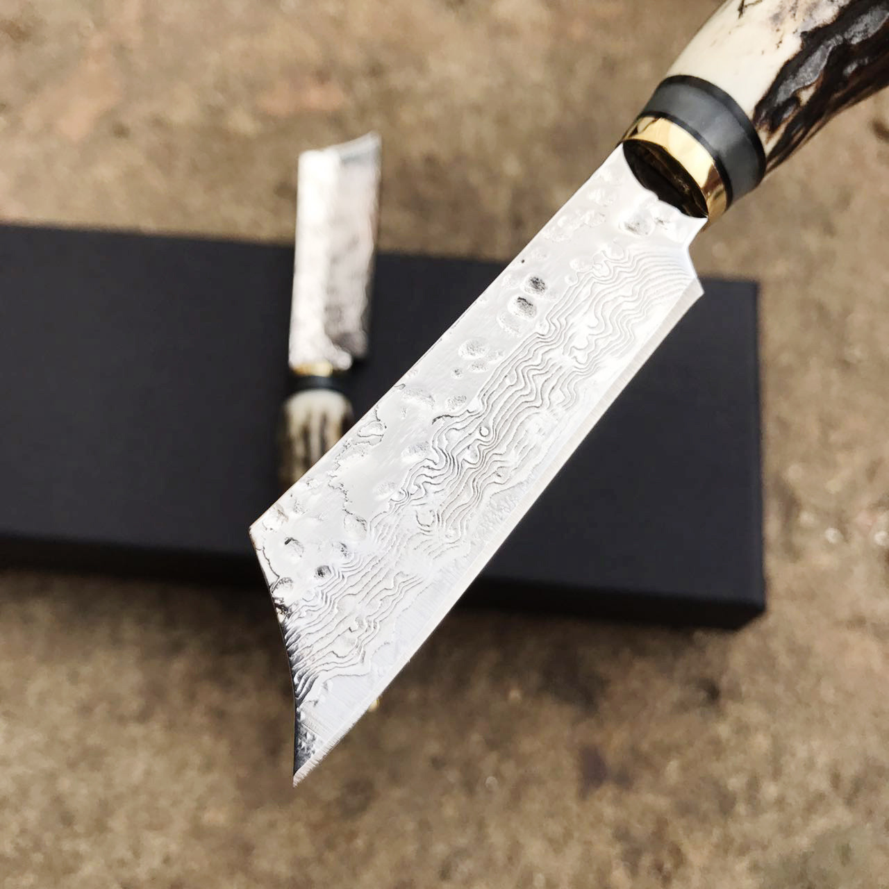 大马士革钢鹿角柄小直刀切沉香刀茶刀 收藏手工艺礼品刀具超锋利