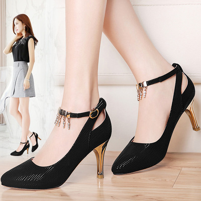 一件代发皮鞋女鞋子夏2017新款韩版中跟细跟春秋季黑色单鞋粗跟百