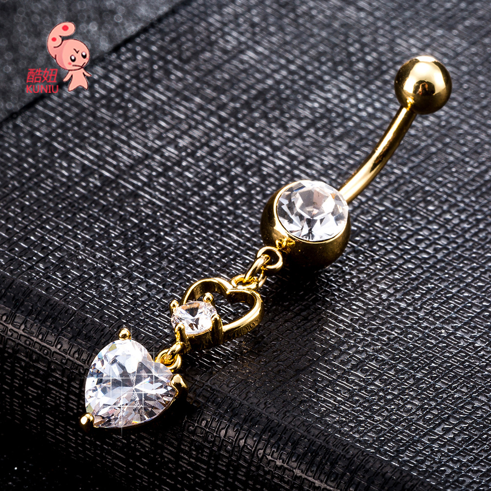欧美时尚双爱心锆石肚脐环个性镂空心形肚脐钉防过敏不锈钢肚脐扣