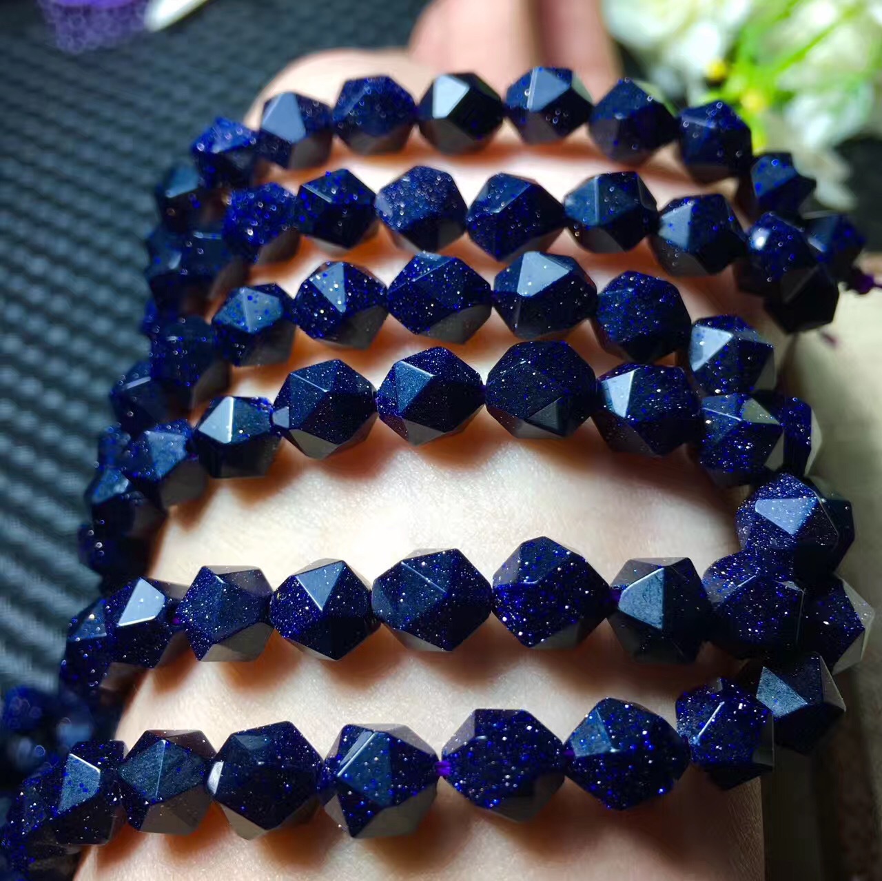 天然金砂石切面散珠 蓝绿砂石刻面半成品 diy刻面配珠 厂家批发