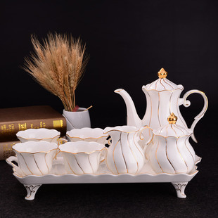 黄金荷花骨瓷咖啡具带托盘套装 浮雕手工描金英式陶瓷下午茶茶具