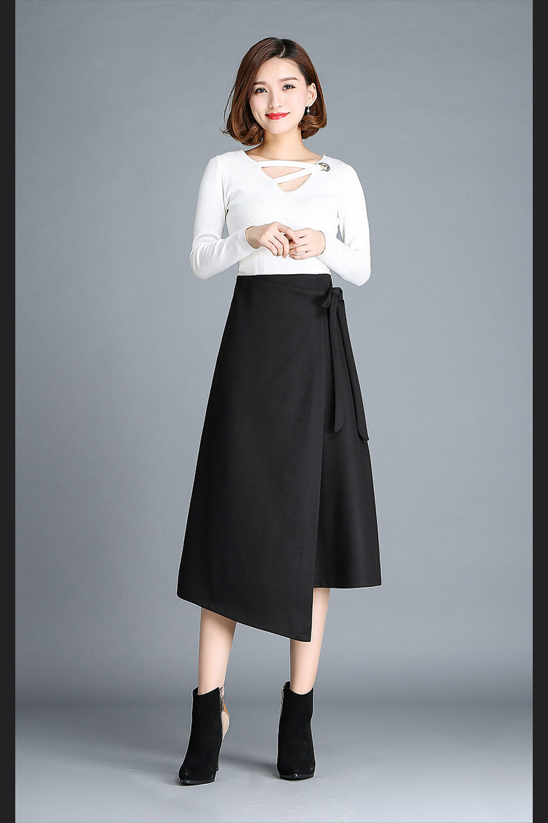 春秋新款不规则a型裙系带半身裙加厚毛呢过膝长裙女学生韩版裙子