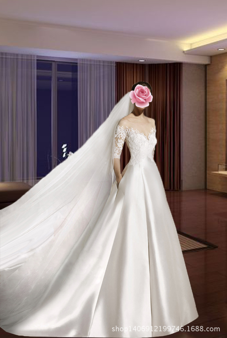 批发一字肩缎面高端定做新娘婚纱婚纱2019新款工厂直销