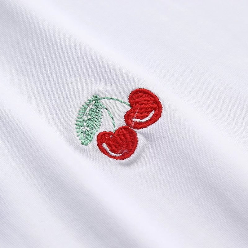 17夏新款欧美风双樱桃刺绣白色短袖t恤女修身短款露脐上衣潮拍