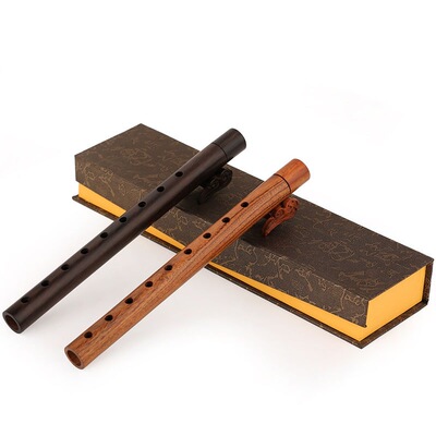 摆件礼品红木笛子香炉 手工实木质九孔笛管香插 黑檀木酸枝木卧香