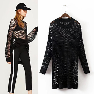 2017夏季新款女装欧美风时尚百搭钩针编织网眼针织衫圆领套头上衣
