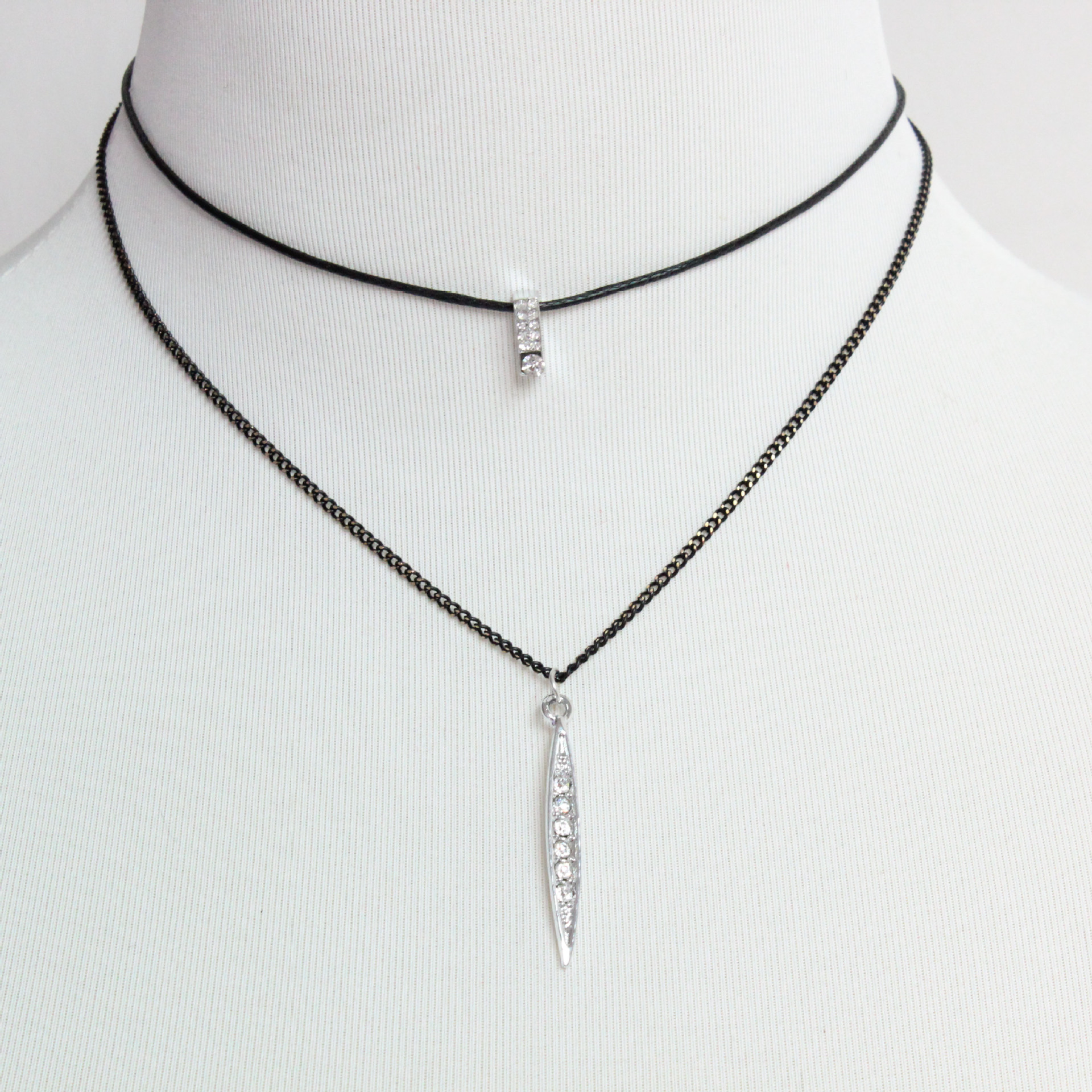 韩版新款精致简约时尚双层皓石吊坠颈链个性皮绳短款项链锁骨链女