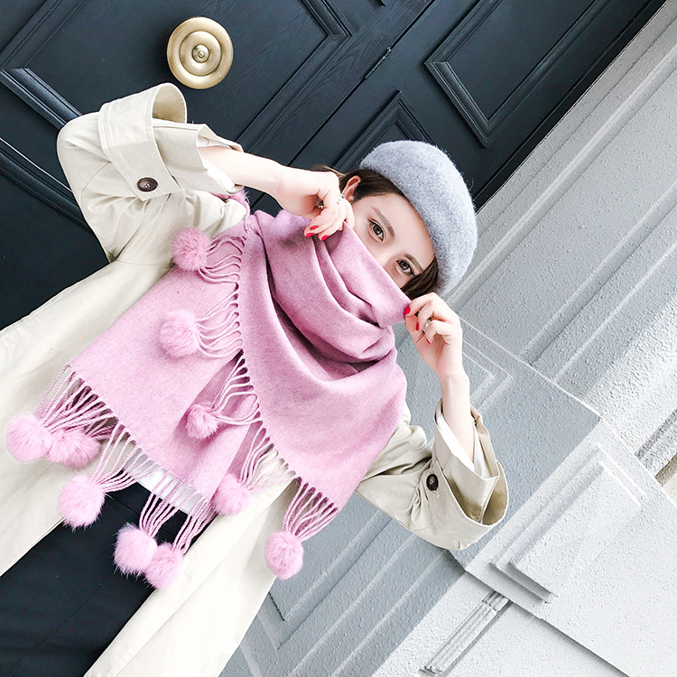 围巾韩版新款秋冬季仿羊绒真兔毛球纯色加厚长款百搭围巾女披肩围脖