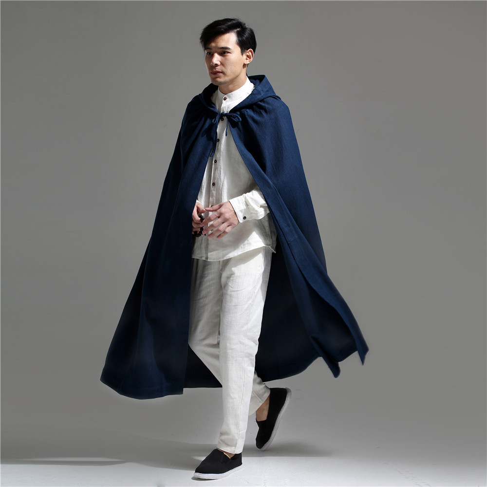 年阿萨佑棉麻服饰 带帽斗篷大风衣中国风男装 长款披风外套21