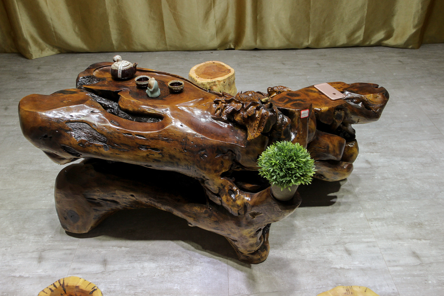 鸡翅木天然脚根雕茶台实木树墩功夫茶海整体根艺茶桌自然原木茶几