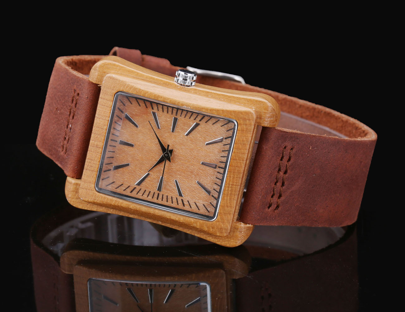 跨境外贸外贸ebay亚马逊长方形竹表盘皮带石英表木表枫木檀木