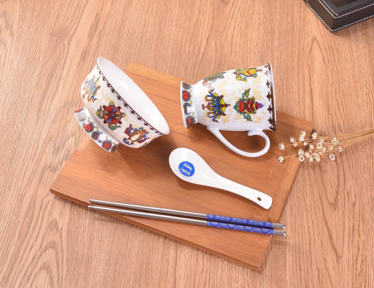 陶瓷特色蒙古族民族餐具蒙古碗奶茶碗骨瓷民族礼品套碗民族运动