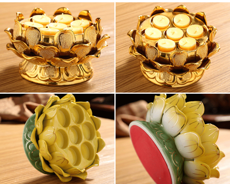 七星莲花酥油灯座烛台宗教法器法物 陶瓷彩金佛教用品佛具佛堂