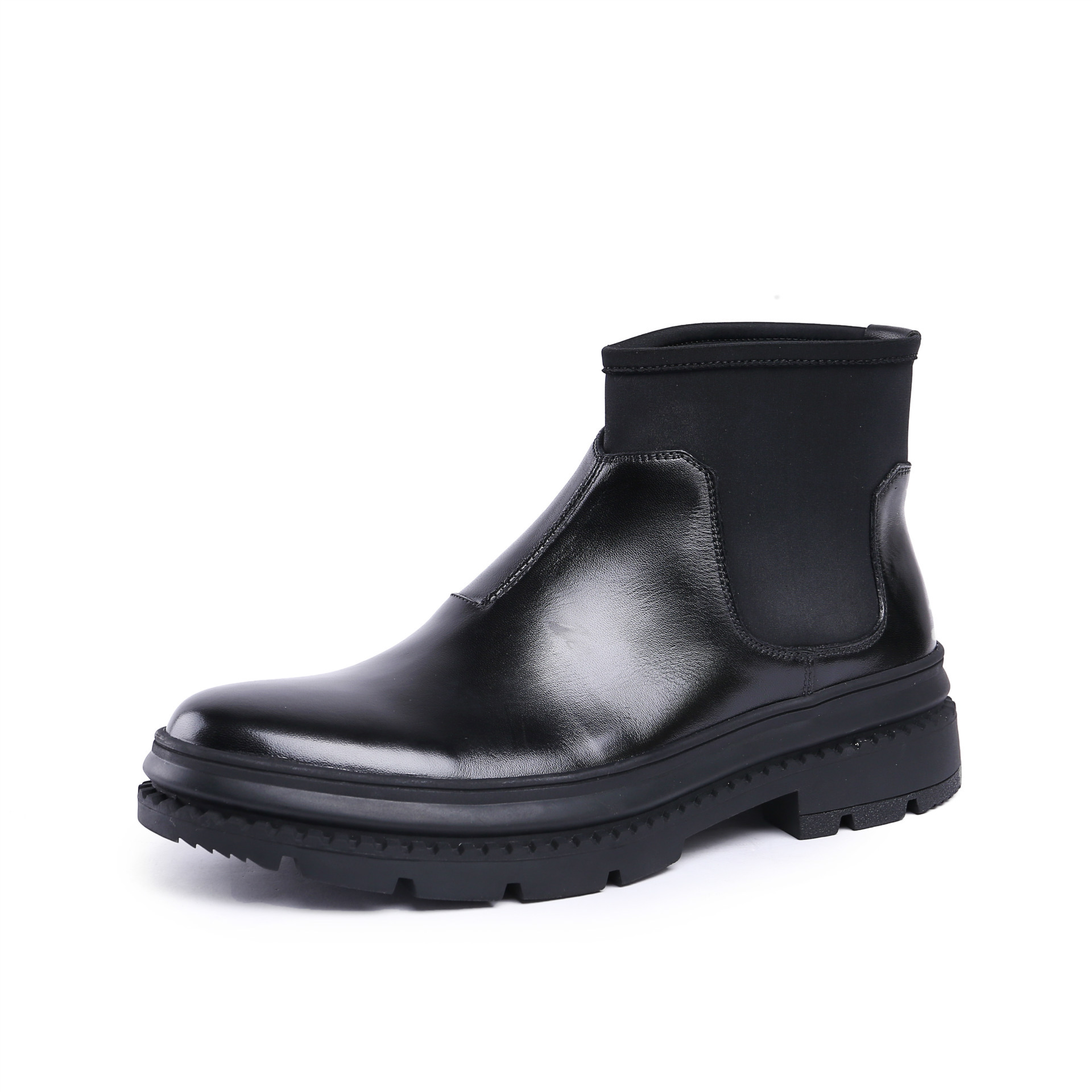 潮流男式皮靴高帮鞋圆头厚底纯皮单靴日常上班穿舒适透气养脚