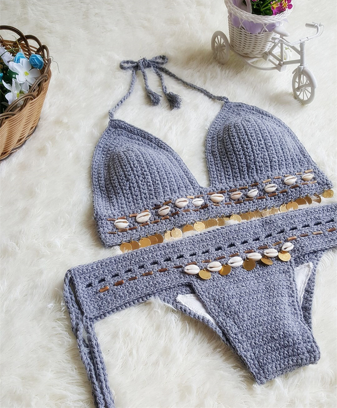 2017外贸新款bikini沙滩泳衣比基尼复古手工钩针女士欧美分体套装