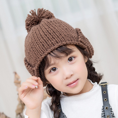 儿童秋冬新款女童帽子保暖护耳针织毛线帽秋女公主帽系带套头帽潮