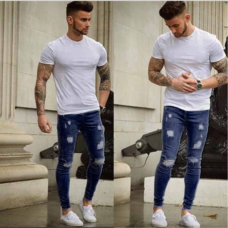 Aliexpress Wish Foreign Trade Mill White, Worn Slim-Fitting Ankle-Tied Jeans Wholesale European and American Men's Skinny Denim 1018