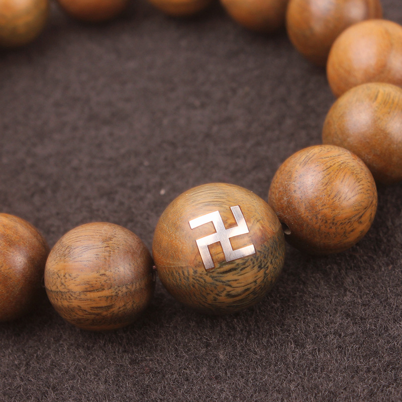 绿檀木镶银万字符手串创意复古镶嵌佛手香味男女佛珠手链厂家批发