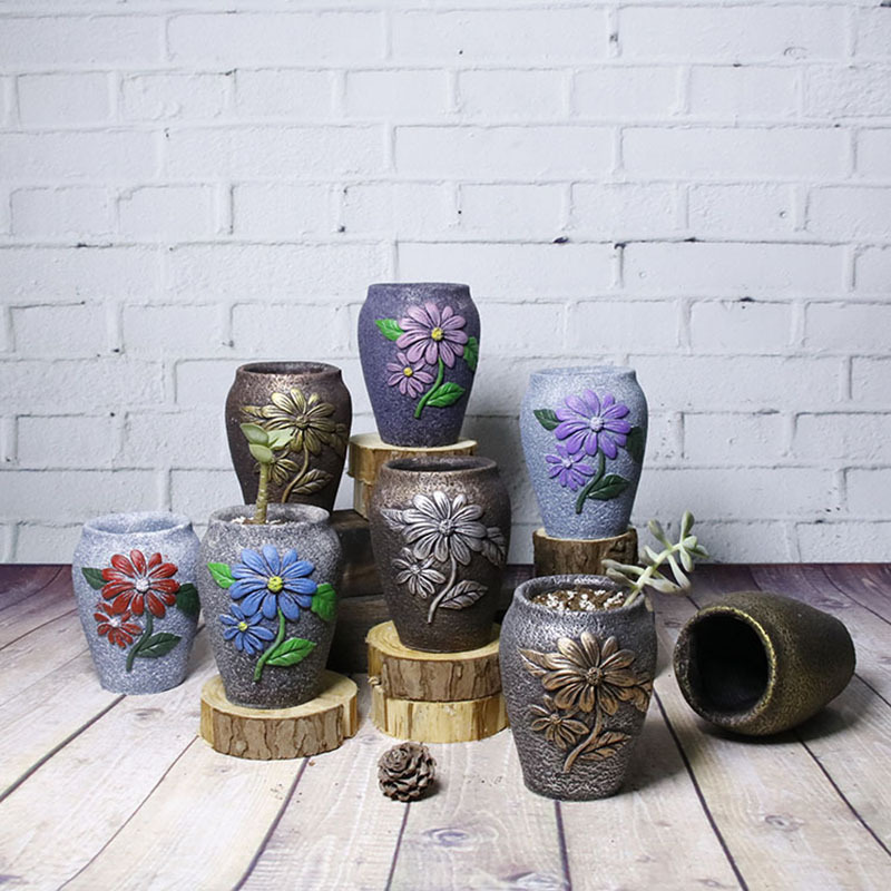 新款高密度石膏老桩多肉花盆立体捏花复古做旧透气花器园艺微景观