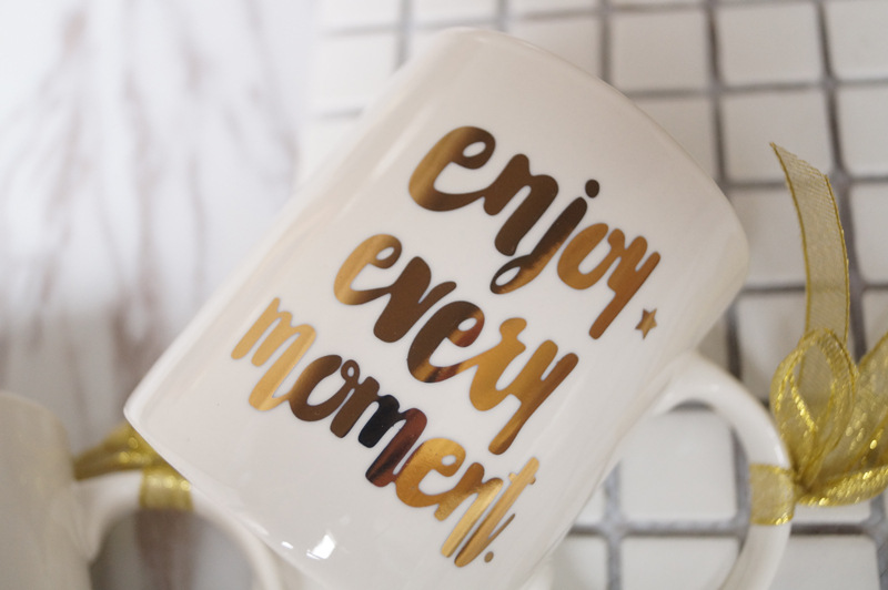 外贸 美梦成真金色英文字金色斑马线手柄陶瓷马克杯早餐杯咖啡杯