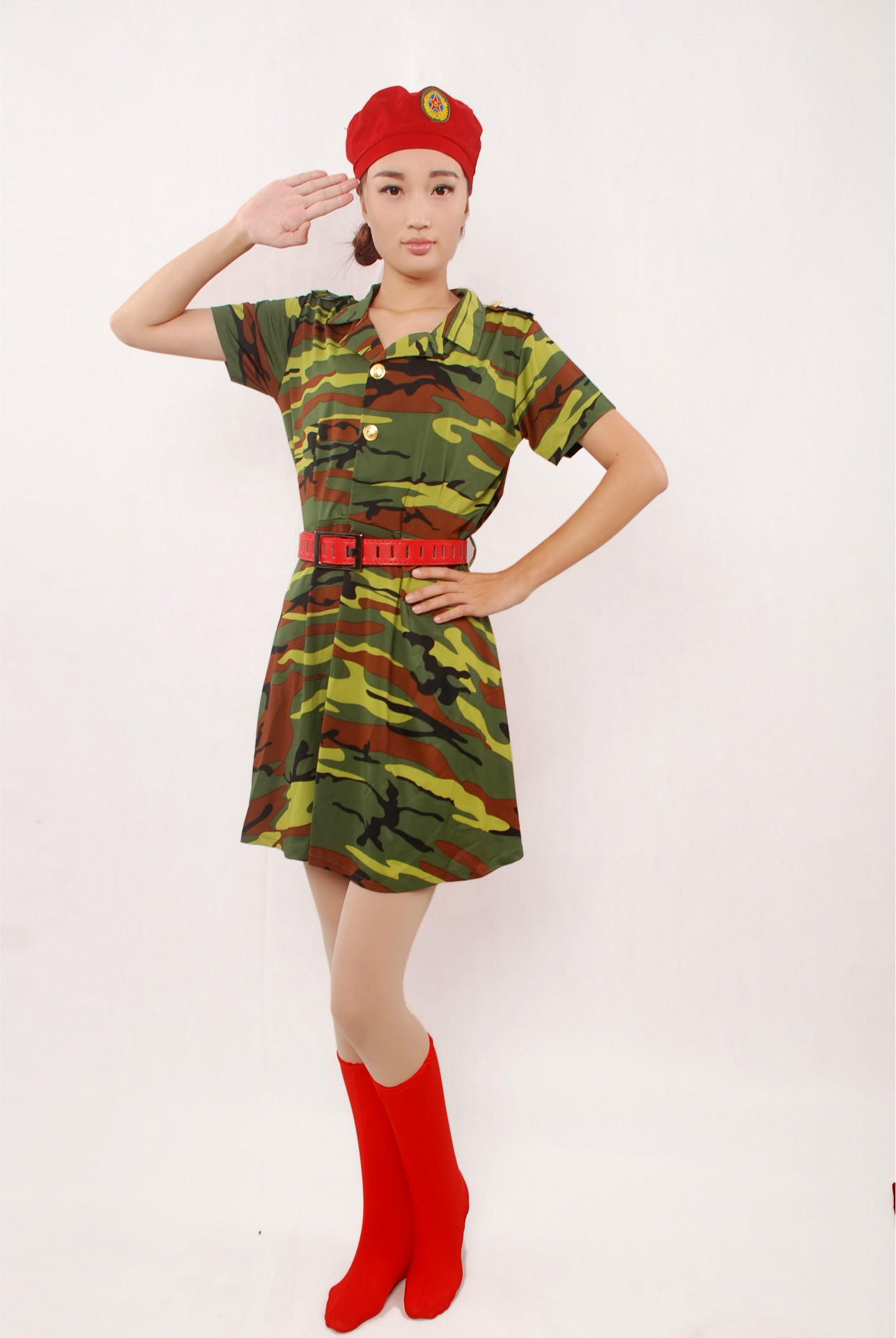 元旦军旅合唱演出服女装成人四色弹力舞蹈服迷彩裙表演军装娘子军