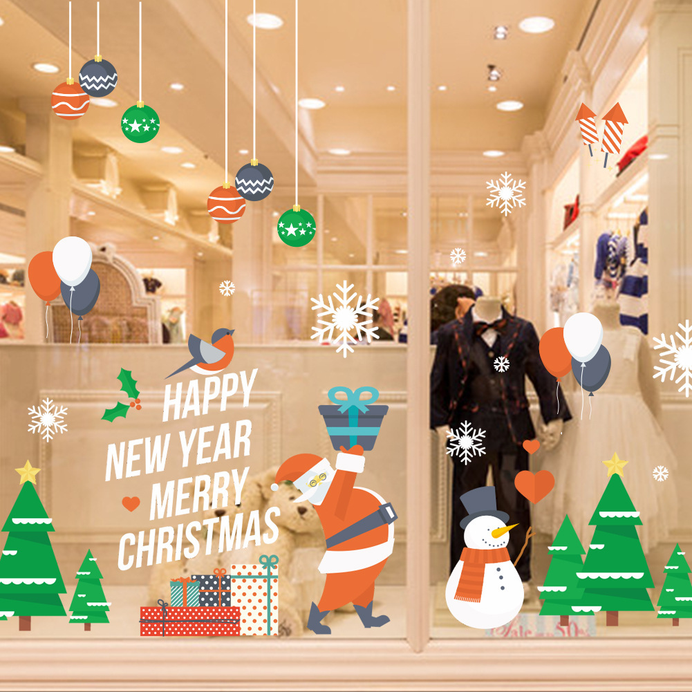 外贸圣诞老人墙贴创意diy商店橱窗玻璃贴节日布置雪花窗贴纸pvc贴