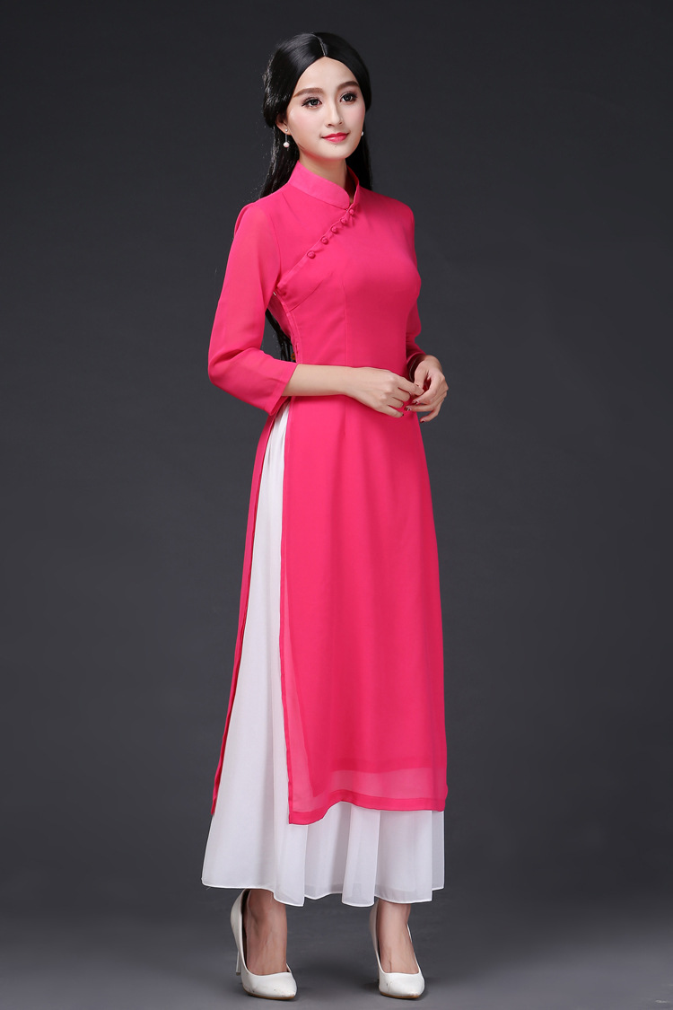 春夏新越南奥黛七分袖旗袍时尚改良二件连衣裙长款立领修身表演服