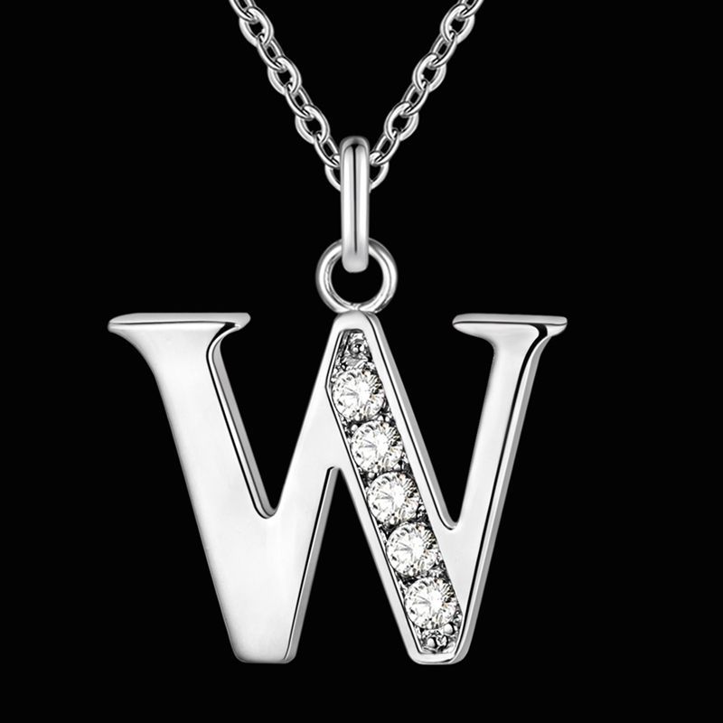镀925银项链 欧美字母w吊坠 贤美镶钻项链 镀银镂空饰品